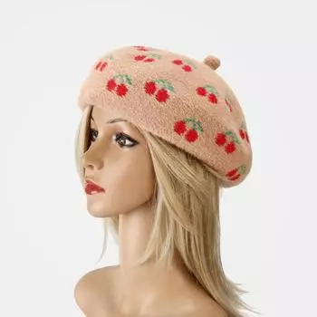 Women Beret Cherry Pattern Hat Autumn and Winter Wool Hat Winter Street Fashion Painter Hat Caramel
