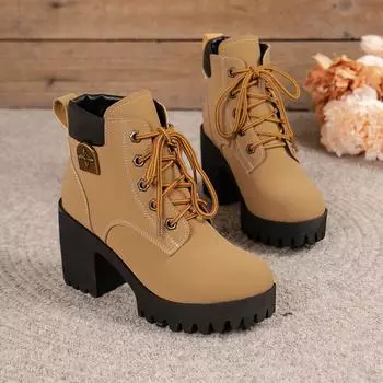 Women Big Yellow Boots 2024 New Spring Winter Pumps High Quality Lace-up European Ladies Shoes PU High Heels Fast Delivery Work 35