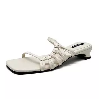 Women Black White Yellow Square Heels Slides Women Rope Lattice Peep Toe Women Outside Sippers Shoes Mujer Elegant Shoes 35-39 35 белый