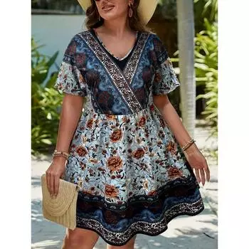 Women Boho Summer Side Split Deep V- Neck Short Sleeves Maxi Dress with Belt S
