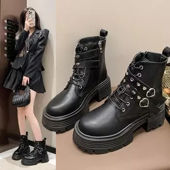 Women Boots 2024 Autumn Fashion Heart Buckle Ankle Boots Platform Wedges High Heels Short Boots Designer Platform Shoes of Women 35 чёрный