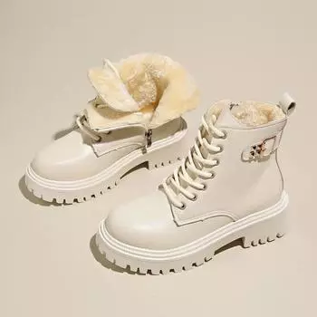 Women Boots 2024 Autumnwinter New Fashion Belt Buckle British Style Short Boots Lace Up Wear-resistant Thick Soled Leather Boots 35