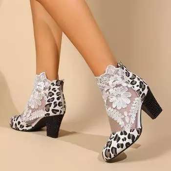 Women Boots 2024 Dressy Summer Thick High Heeled Shoes Lace Flower Decoration Breathable Sandals Female Women s sandals 35 цветной печати леопарда
