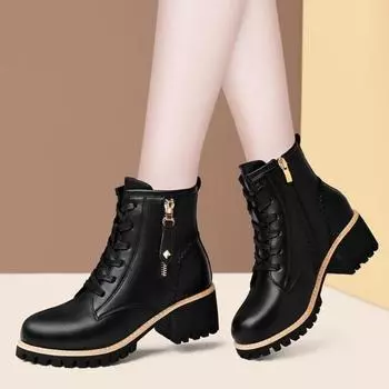 Women Boots 2025New Winter British Wind Fashion Genuine Leather Ankle Boots Ladies Thicken Suede Short Boots Fur Motorcycle Boot 35 чёрный