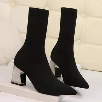Women Boots Autumn and Winter New Sexy Socks Knitted Boots Coarse Heel Short Boots High Top Pointed Women s Shoes Heels Women 34 чёрный