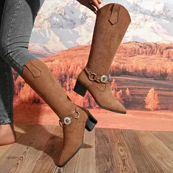 Women Boots Autumn Winter 2024 Fashion Retro Western Cowboy Cavalry Boots Women Comfortable Medium Heel Slip on Shoes for Women 35 коричневый