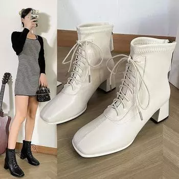 Women Boots Autumn/winter 2024 New Lace Up High Heel Square Toe Square Heel Elegant Banquet Height Increasing Korean Ankle Boots 35