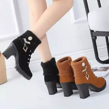 Women Boots Designer High Heels Women Shoes Winter Warm Non-slip Block Suede Boots Warm Snow Fashion Crystal Plush Goth Boots 35 чёрный