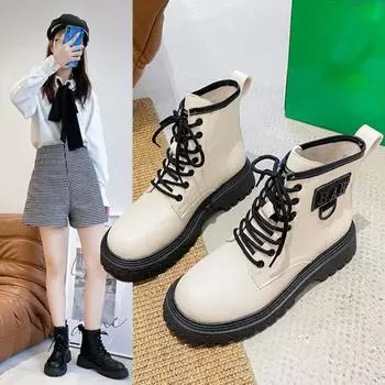 Women Boots Martin Boots British Style Casual Ankle Boots Lace-up Round Toe Comfortable Walking Boots 35 чёрный