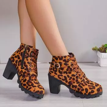 Women Boots New Leopard Print Plush Warm Winter High Heels Women Ankle Boots Comfortable Thick Heel Ladies Modern Boots Women 35