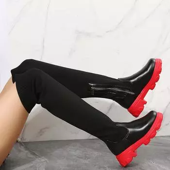 Women Boots Red Black Round Toe Thigh High Long Boots Autumn Winter Zip Over-the-Knee Boots Party Shoes Plus Size 43 35 красный