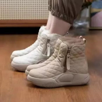 Женские ботинки Толстая подошва Боковая цепочка Теплые Удобные Снежные ботинки Женские Зимние Новая Мода Повседневная Теплая Обувь Женские Ботас Де Мухер 35 бежевый