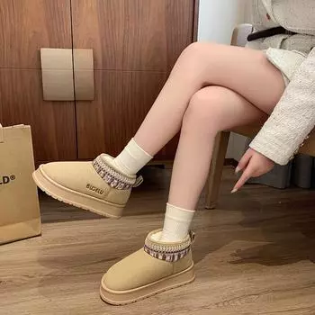 Women Boots Winter 2024 New Fashion Warm Thickened Fluff Slip on Snow Boots Women Casual Leopard Round Toe Warm Shoes for Women 36 бежевый