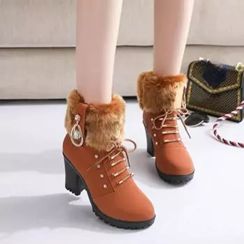 Women Boots Winter Designer High Heels Shoes for Women 2024 New Short Plush High Platform Ankle Boots Elegant Botas Mujer 35 чёрный