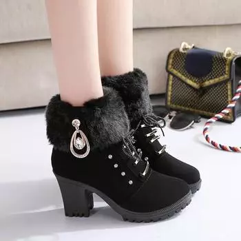 Women Boots Winter Designer High Heels Shoes for Women 2024 New Short Plush High Platform Ankle Boots Elegant Botas Mujer 35 чёрный