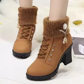 Women Boots Winter Designer High Heels Shoes for Women 2024 New Short Plush High Platform Ankle Boots Elegant Comfortable Boots 35 чёрный