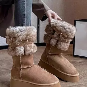 Women Boots Winter Keep Warm Quality Mid-Calf Snow Boots Ladies Lace-up Comfort Slip-resistant Shoes Booties Chaussures Femme 35 малиновый