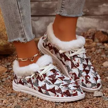 Women Boots Winter New Thick Bottom Snow Boots Female Plus Velvet Thickened Hairy Cotton Shoes Women s Casual Printed Sneakers 36 бежевый