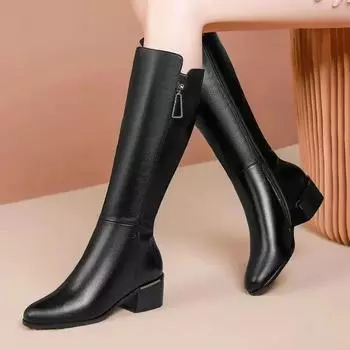 Women Boots Zipper Thick High Heels Simple Fashion Thick High Heels Autumn Winter Woman Boots Knee High Botas 35