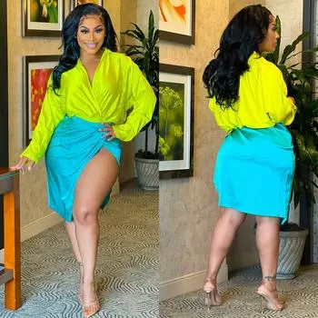 Women Bride Bridesmaids Wedding Long Sleeves Blouse Top Mini Split Short Skirt Party Clothes Sets S жёлтый