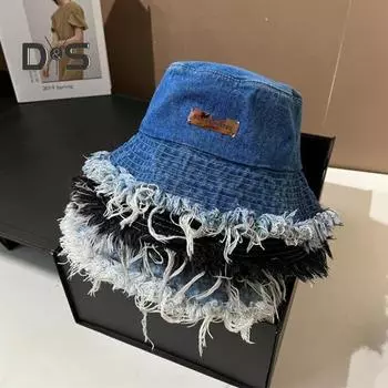 Женская панама с рваными краями и плоским верхом, потертый деним, большие поля, однотонный декор, легкая кепка рыбака с защитой от ультрафиолета для походов светло-синий