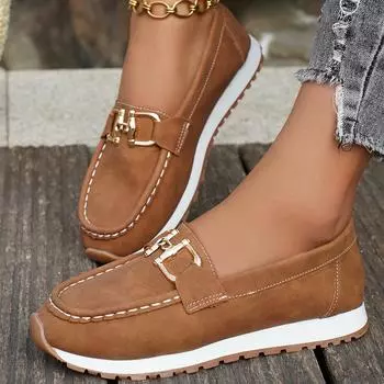 Women Buckle Lightweight Casual Loafers 2025 Spring Autumn New Fashion Round Sneakers Comfortable Slip-on Designer Shoes Women 36