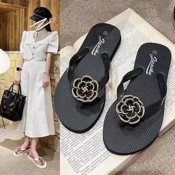 Women Camellia Flip-flops Shoes Black Flat Casual Beach Shoes 2024 Summer Peep Toe Comfort Outdoor Walking Sandal Chanclas Mujer 35 чёрный