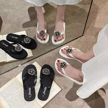 Women Camellia Flip-flops Shoes Black Flat Casual Beach Shoes 2024 Summer Peep Toe Comfort Outdoor Walking Sandal Chanclas Mujer 35 чёрный