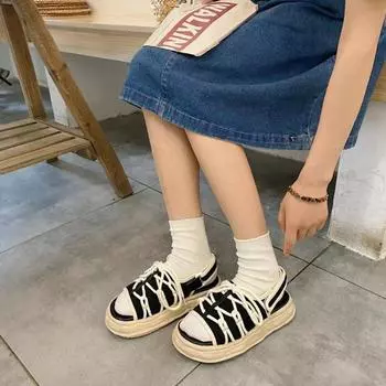 Women Canvas Flat Slippers Women Lace Up Casual Shoes Female Fashion Platform Slipper Lady Denim Beach Open Toe Sandals 35