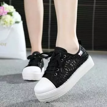 Женские парусиновые туфли 2024 года, женские летние повседневные кроссовки, дышащая сетчатая повседневная обувь на платформе на толстой подошве, большой размер 38 чёрный