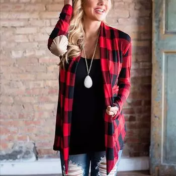 Women Cardigan Plaids Tshirt Casual Ladies Loose Long Sleeve Blouse Jacket Tops Red,XL