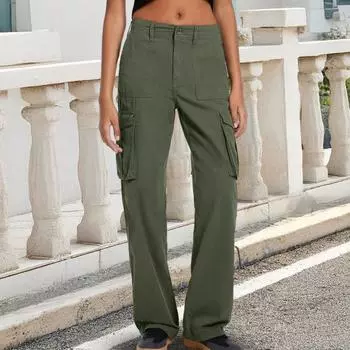 Women Cargo Pants High Waist Button Zipper Fly Straight Leg Fit Overalls with Large Pockets Solid Color Climbing Pants M армия зеленый