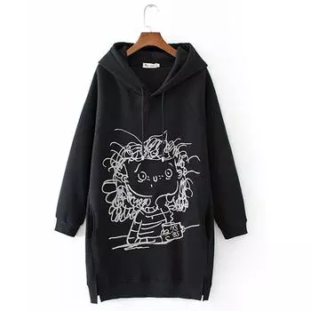 Women Cartoon Girl Print Long Sleeve Splited Hoodie Sweatshirt Pullover Top XXL