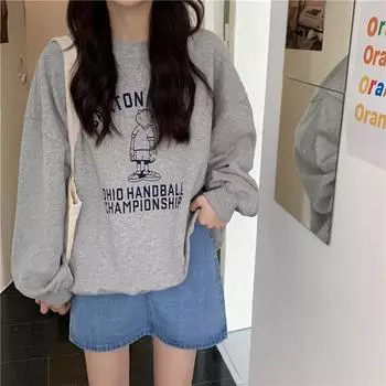 Women Cartoon Print Long Sleeved Hooded Hoodies for Autumn Ladies Loose and Lazy Style Pullover Sweatshirt for Couple M серый