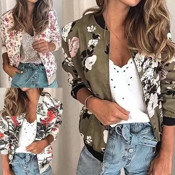 Женская повседневная осенняя куртка с цветочным принтом, легкая короткая куртка-бомбер на молнии, зимняя верхняя одежда, пальто больших размеров S-5XL S