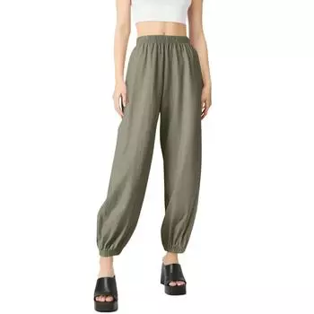 Women Casual Cotton And Linen Solid Elastic Waist Long Straight Pants L армия зеленый