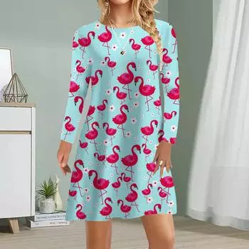 Women Casual Dress Autumn Bird Print Dresses For Women O-neck Short Sleeve Dress Plus Size XS зелёный