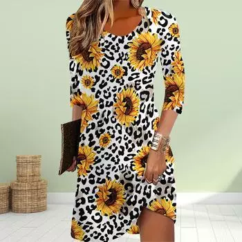 Женское повседневное платье осеннее белое платье с принтом подсолнухов для женщин с круглым вырезом и коротким рукавом платье больших размеров XS чёрный