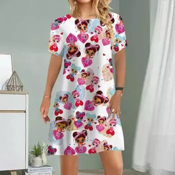 Women Casual Dress Summer Black Girl Print Dresses For Women O-neck Short Sleeve Dress Plus Size XS белый