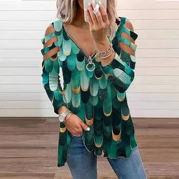 Women Casual Fashion Printed Zipper Long-sleeved V-neck T-shirt Top Blouse XXL