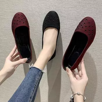 Women Casual Flat Shoes Spring Autumn Flat Loafer Comfort Women Shoes Slips Soft Round Toe Rhinestone Flats Shoes Plus Size 35 чёрный