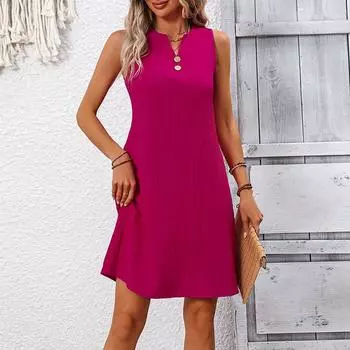 Women Casual Holiday Style Sleeveless V Neck Solid Color One Piece Dress S
