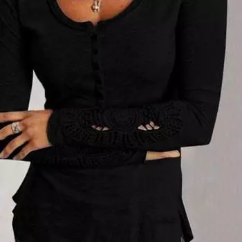 Women Casual Hollow Out Lace Long Sleeve Solid Tshirt Round Neck Blouse Tops M