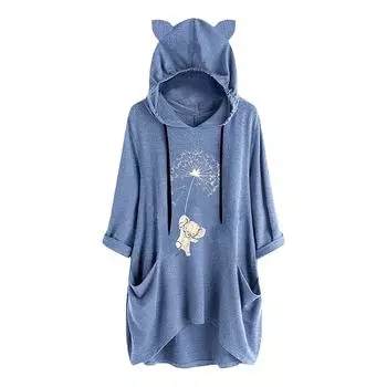 Women Casual Hooded Long Sleeves Elepha Print Pocket Shirt Irregular Top Blouse XL