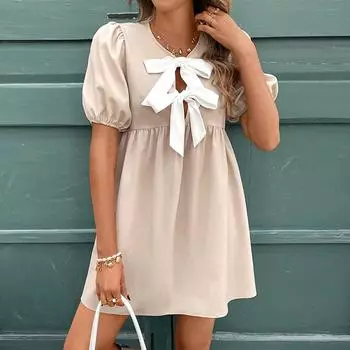 Women Casual Lantern Sleeve Bowknot V Neck Solid Color Knot One Piece Dress S