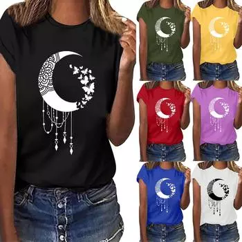 Women Casual Letter Printing Short Sleeves Loose T-Shirt Blouse Tops L синий