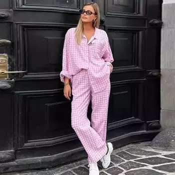 Женский повседневный свободный простой клетчатый комплект брюк с отворотом, однобортная рубашка с длинным рукавом, высокая талия, широкие брюки, костюм S розовый