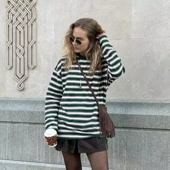 Women Casual Loose Striped Tops Shirts Autumn New O-neck Long Sleeve Women T Shirts High Street Female Basic Top New S зелёный