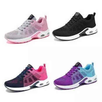 Women Casual Mesh Fabric Shoes Air-cushion Elastic Lace Up Sneakers Flat Breathable Lightweight Soft-Soled Antislip Jogging Shoe 36 чёрный