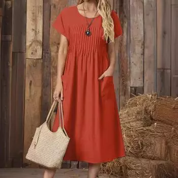 Женское повседневное свободное летнее платье с круглым вырезом, длинное однотонное хлопковое платье с круглым вырезом и карманом, плиссированное с коротким рукавом XXL красный